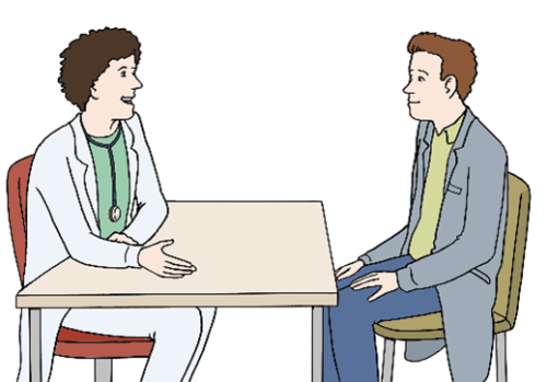 Grafik von 2 Personen (Arzt und Patient) die zusammen an einem Tisch sitzen. 