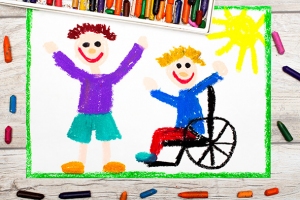 gemaltes Kinderbild zeigt stehendes Kind und Kind in Rollstuhl