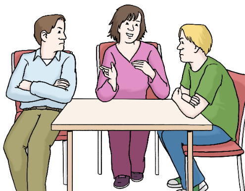 Eine Gruppe von 3 Menschen sitzt zusammen am Tisch und findet eine Lösung