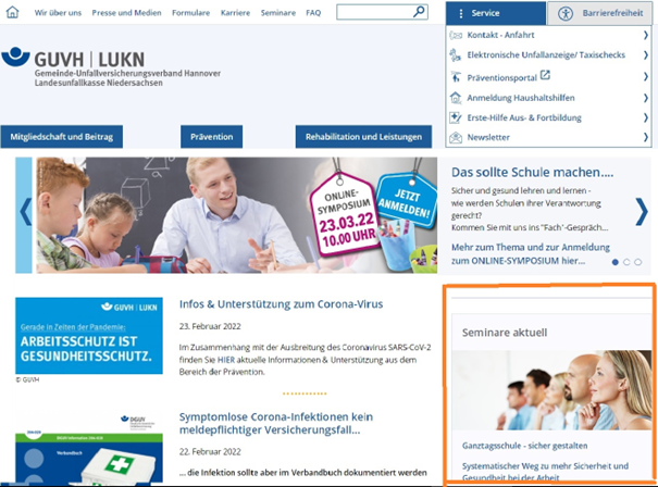 Darstellung der aktuellen Schulungen auf der Startseite im rechten Seitenbereich.