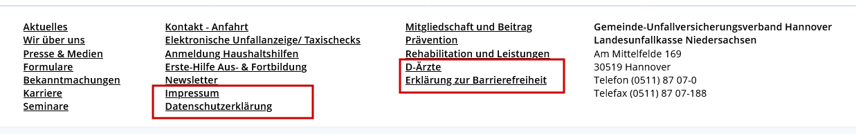 Darstellung der Fußzeile mit hervorgehobenen Verlinkungen. 