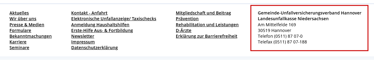 Darstellung der Fußzeile- Hervorgehoben wird der rechte Bereich, in dem die Adresse zu finden ist. 