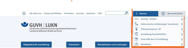 Das Servicemenü wird auf einem Screenshot dargestellt und durch einen orangenen Rahmen hervorgehoben. 