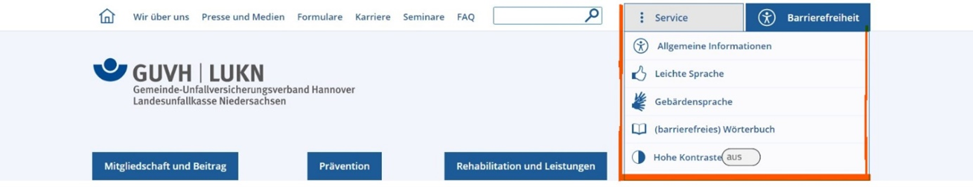 Darstellung des Menüs zur Barrierefreiheit