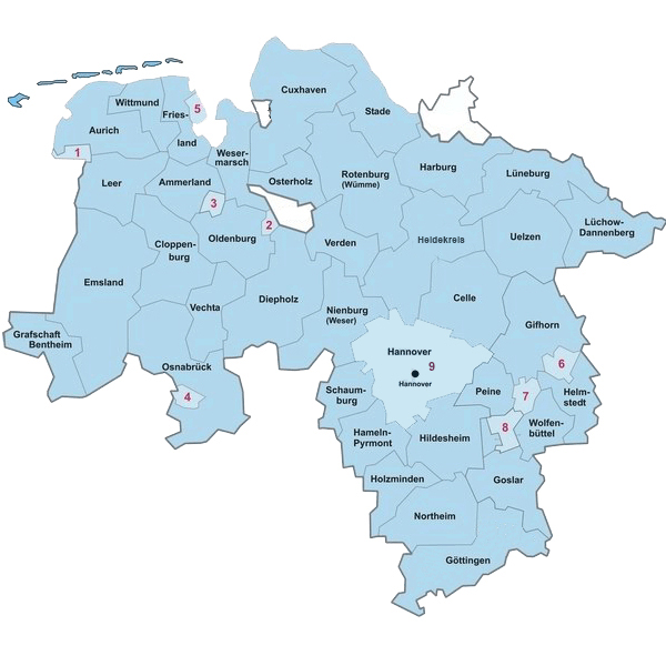 Niedersachsenkarte Zuständigkeitsbereiche der LUKN